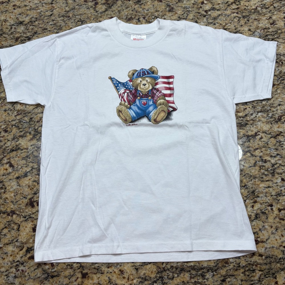 Vintage Hanes Heavyweight USA Teddy Bear Flag T-Shirt Youth Large White v